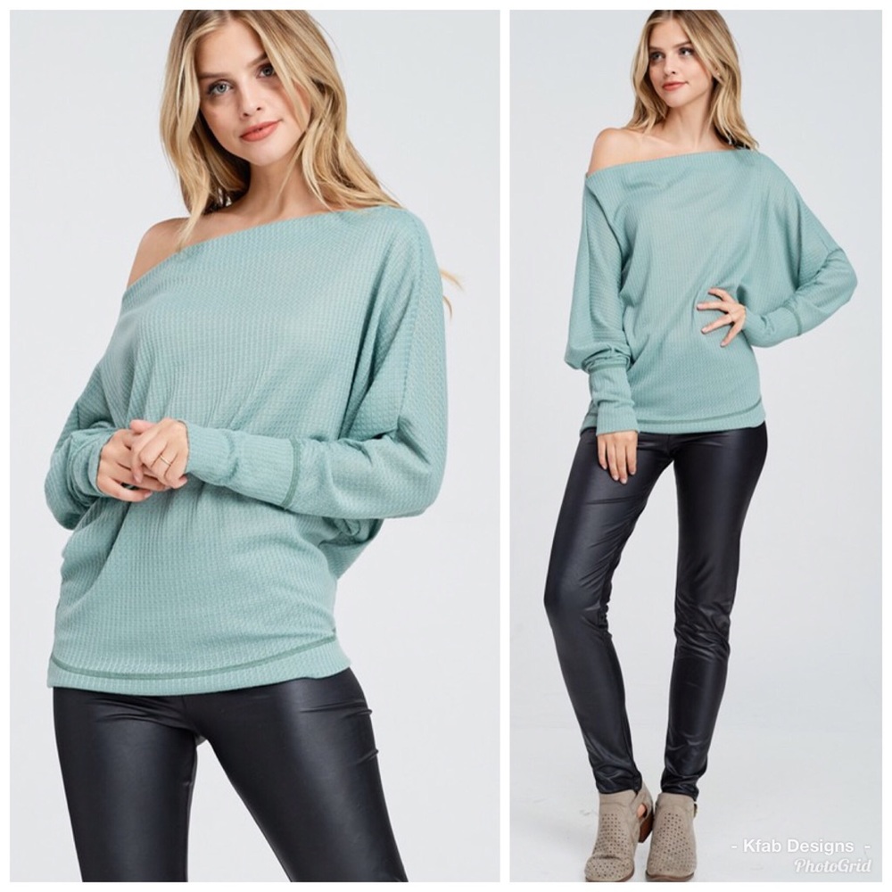 🛍LAST 1! Waffle Knit Off Shoulder Dolman Top - Picture 3 of 6